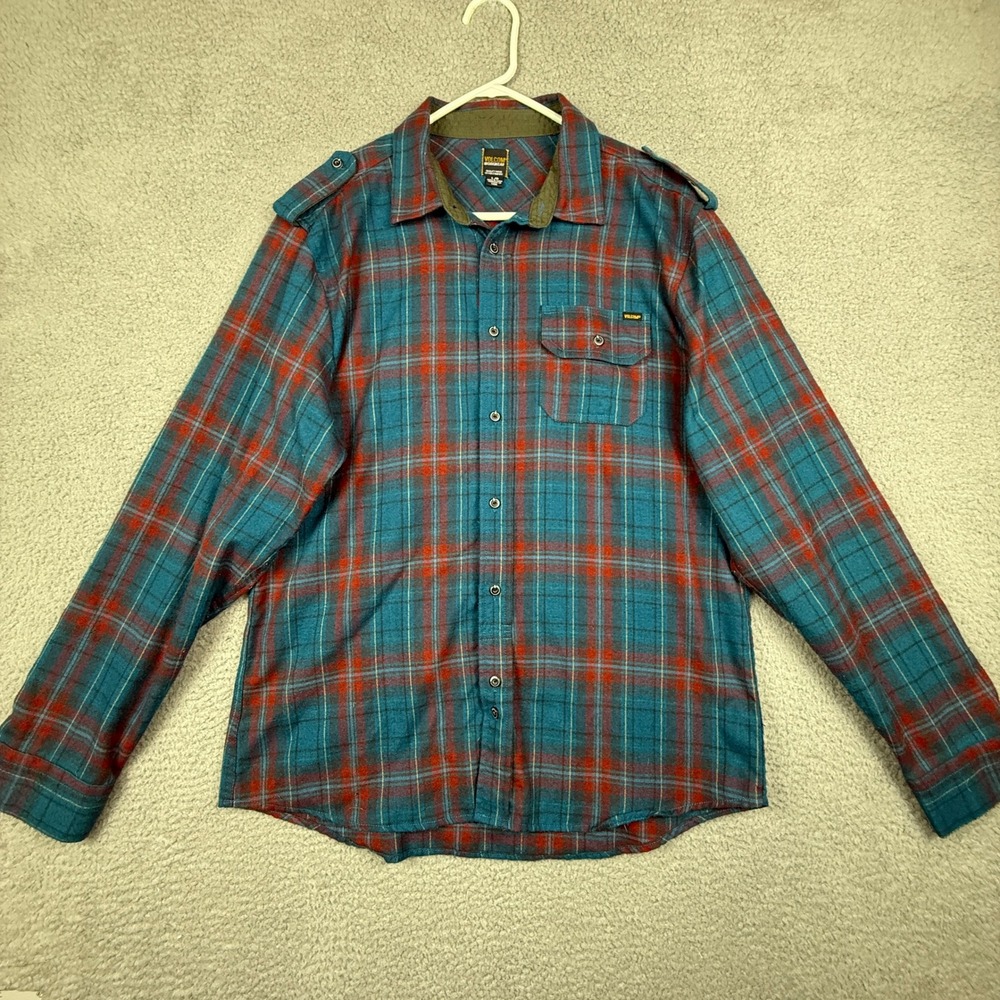 Volcom Workwear Men L G Plaid Flannel Long Sleeve Button Up Shirt Teal Red